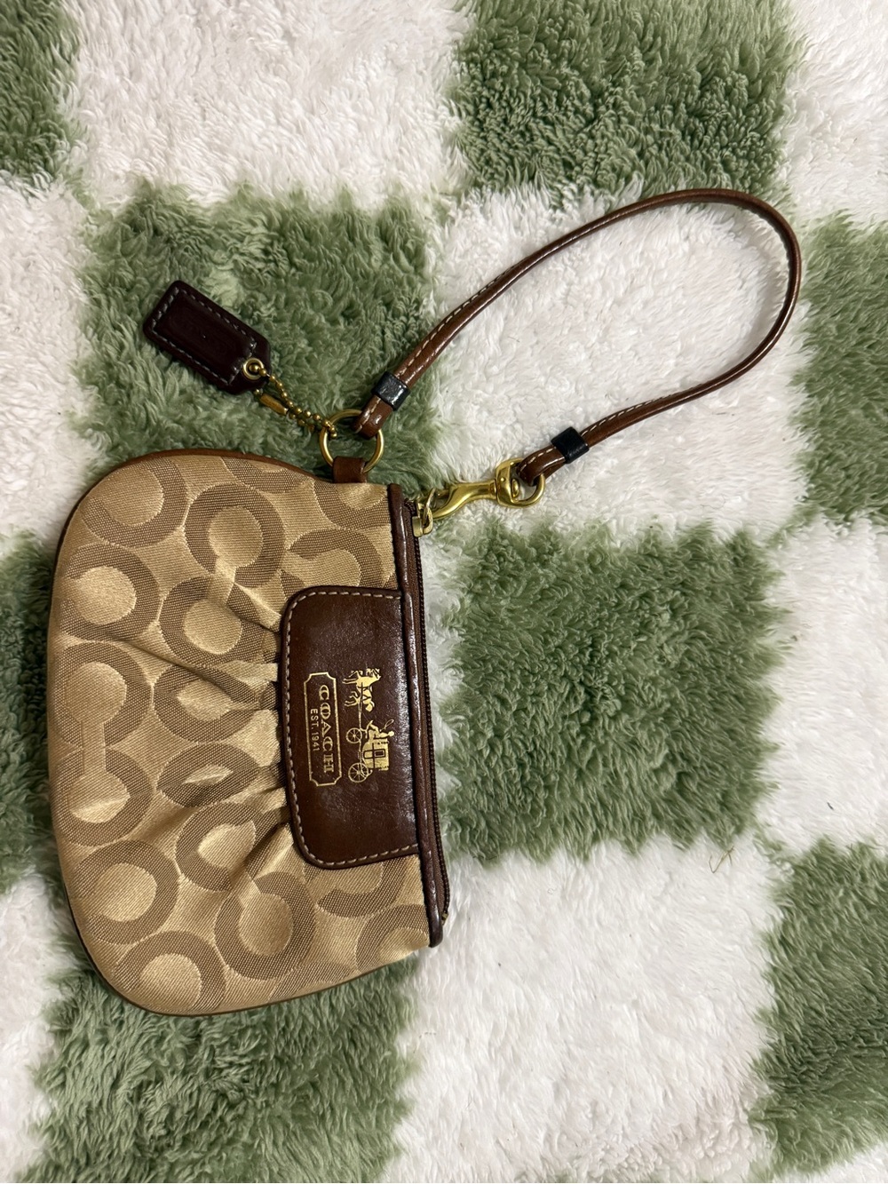 Coach Khaki & Brown Signature Wristlet with Gold Accents